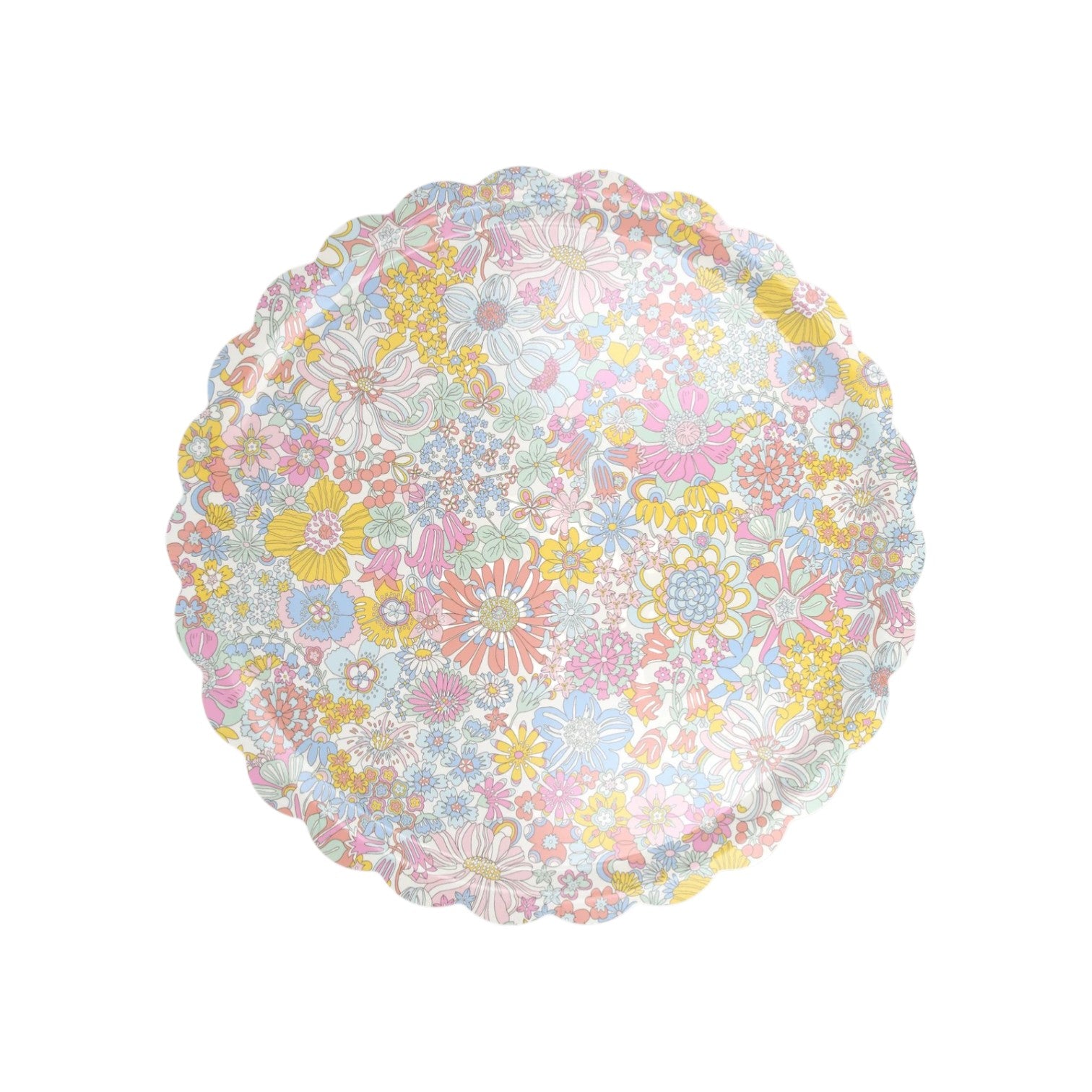 The Rainbow Garden Tray by Meri Meri features a round scalloped edge and pastel multicolored floral Liberty print—a charming decorative serving tray for any occasion.