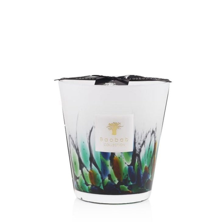 Decorative Baobab Collection Rainforest Amazonia scented candle from Baobab collection in a white glass jar with colorful abstract design and a black ribbon.