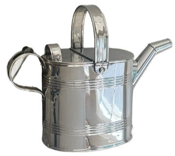 The Hôtel Silver Vintage Watering Can features a shiny silver finish, a large handle and spout, and a classic London silversmith design, displayed against a white background.