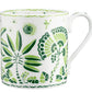 The Royal Crown Derby Cobblers Cove Calypso Dinnerware Collection features a white ceramic mug with a handle, adorned with vibrant green botanical and foliage designs that capture the Caribbean spirit.