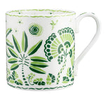 The Royal Crown Derby Cobblers Cove Calypso Dinnerware Collection features a white ceramic mug with a handle, adorned with vibrant green botanical and foliage designs that capture the Caribbean spirit.