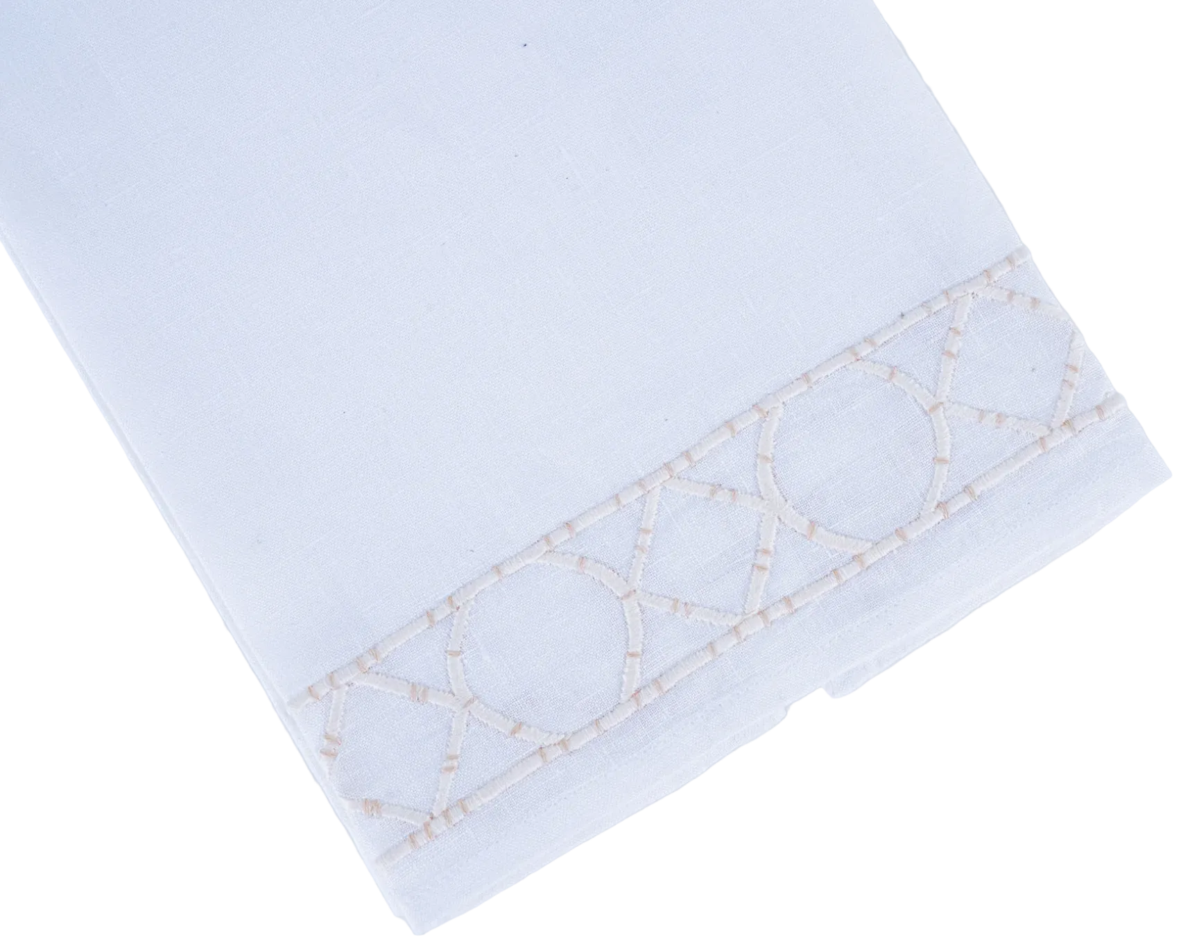 Elevate your home décor with the Bamboozle Bath Collection by Haute Home—this elegant white linen napkin features premium linen and a decorative geometric embroidered border in light beige thread along one edge, shown folded against a white background for a sophisticated touch.