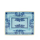 Square ceramic plate from the Ginori 1735 Oriente Italiano Iris with Gold Dinnerware & Decor Collection, featuring a light blue background with dark blue floral and geometric patterns and a gold-trimmed edge, viewed from above—an exquisite example of Italian ceramics craftsmanship.