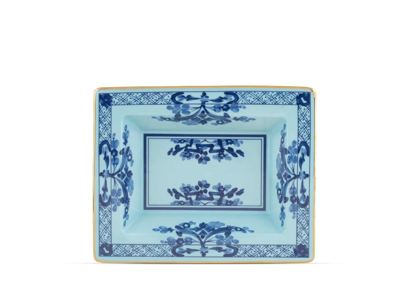 Square ceramic plate from the Ginori 1735 Oriente Italiano Iris with Gold Dinnerware & Decor Collection, featuring a light blue background with dark blue floral and geometric patterns and a gold-trimmed edge, viewed from above—an exquisite example of Italian ceramics craftsmanship.