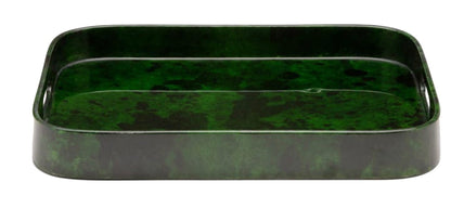 A rectangular, green and black marble-inspired tray with raised sides, part of the Blue Pheasant Nelson Emerald Barware Collection, featuring elegant brass detailing.