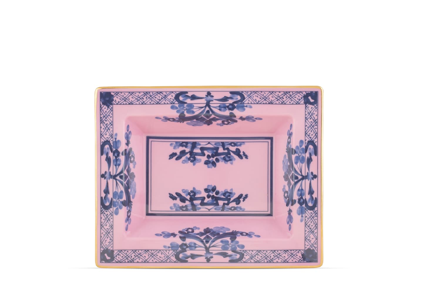 The Oriente Italiano Azalea Square Plate by Ginori 1735 features a pink base with blue floral motifs, ornamental details, and a gold rim—an elegant serveware and decor piece from the renowned collection.