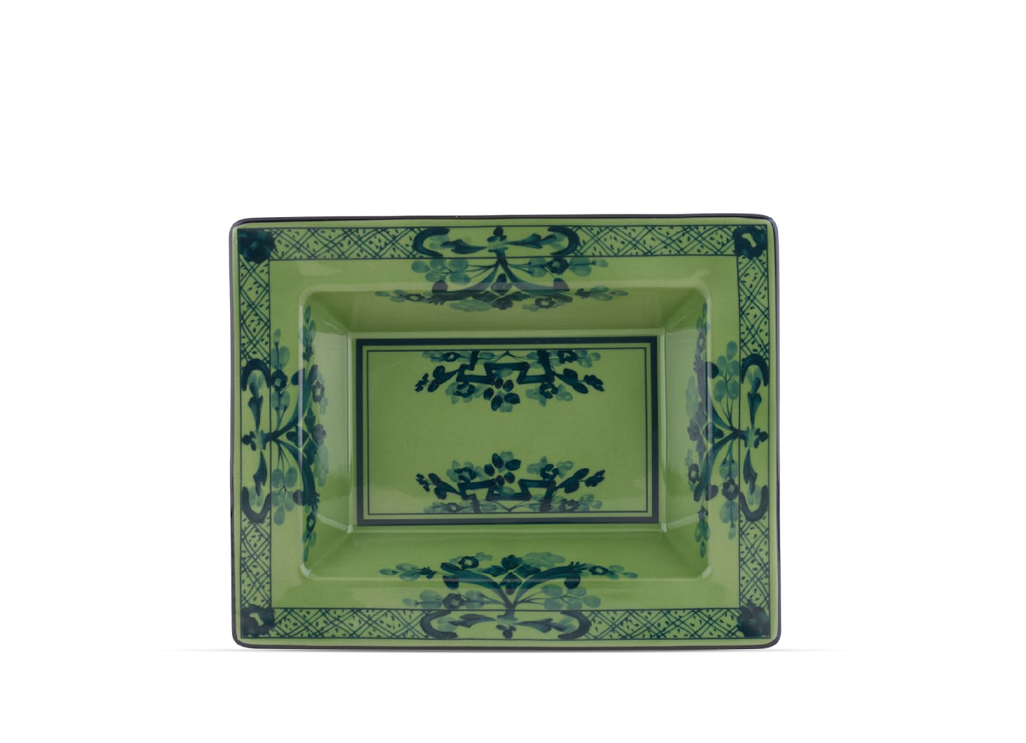 The Oriente Italiano Malachite Dinnerware & Decor Collection by Ginori 1735 features a green ceramic plate with dark blue floral and geometric patterns—an elegant choice for enhancing any floral dinnerware collection.