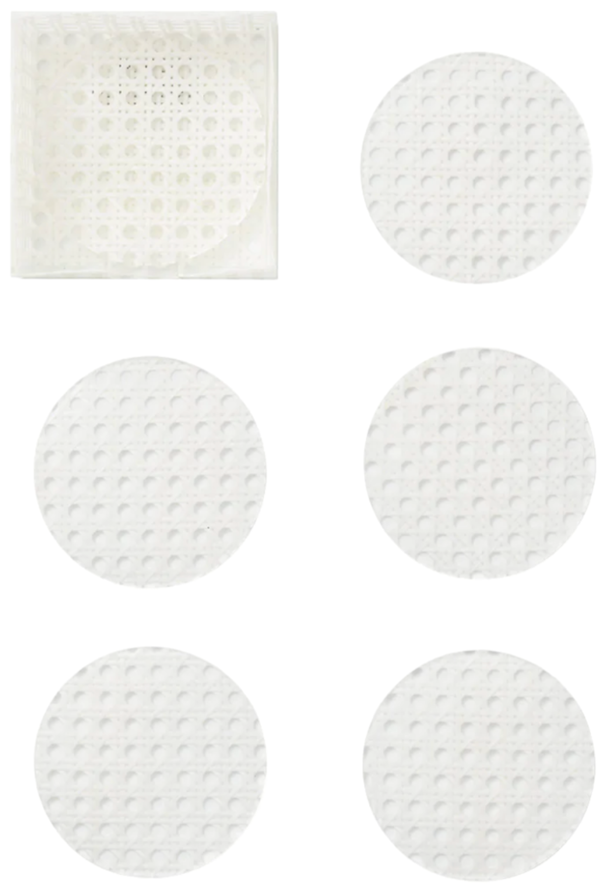 The Kim Seybert Reed White Coasters Set features six white, textured circular coasters resembling faux-wicker, with one displayed inside a clear square container in the top left corner.