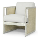 The Aveline Lounge Chair by PALECEK features a beige cushion, two-tone finish, hardwood frame, and woven textured side panels, shown against a white background.