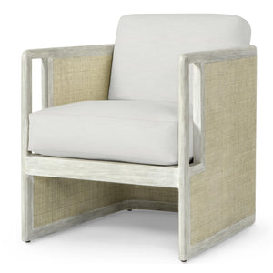The Aveline Lounge Chair by PALECEK features a beige cushion, two-tone finish, hardwood frame, and woven textured side panels, shown against a white background.