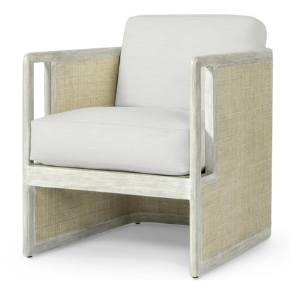 The Aveline Lounge Chair by PALECEK features a beige cushion, two-tone finish, hardwood frame, and woven textured side panels, shown against a white background.