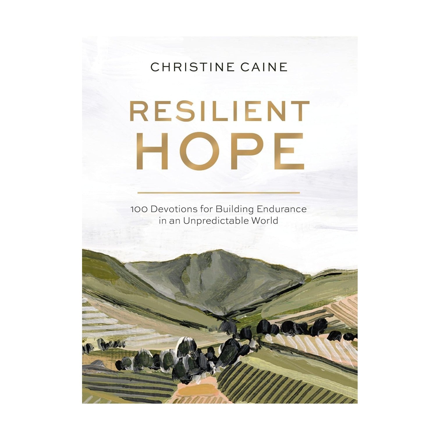 Resilient Hope" by Thomas Nelson/Harper Collins is a 100-day devotional with a cover featuring an illustrated landscape of green hills and fields beneath a cloudy sky.