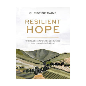 Resilient Hope" by Thomas Nelson/Harper Collins is a 100-day devotional with a cover featuring an illustrated landscape of green hills and fields beneath a cloudy sky.