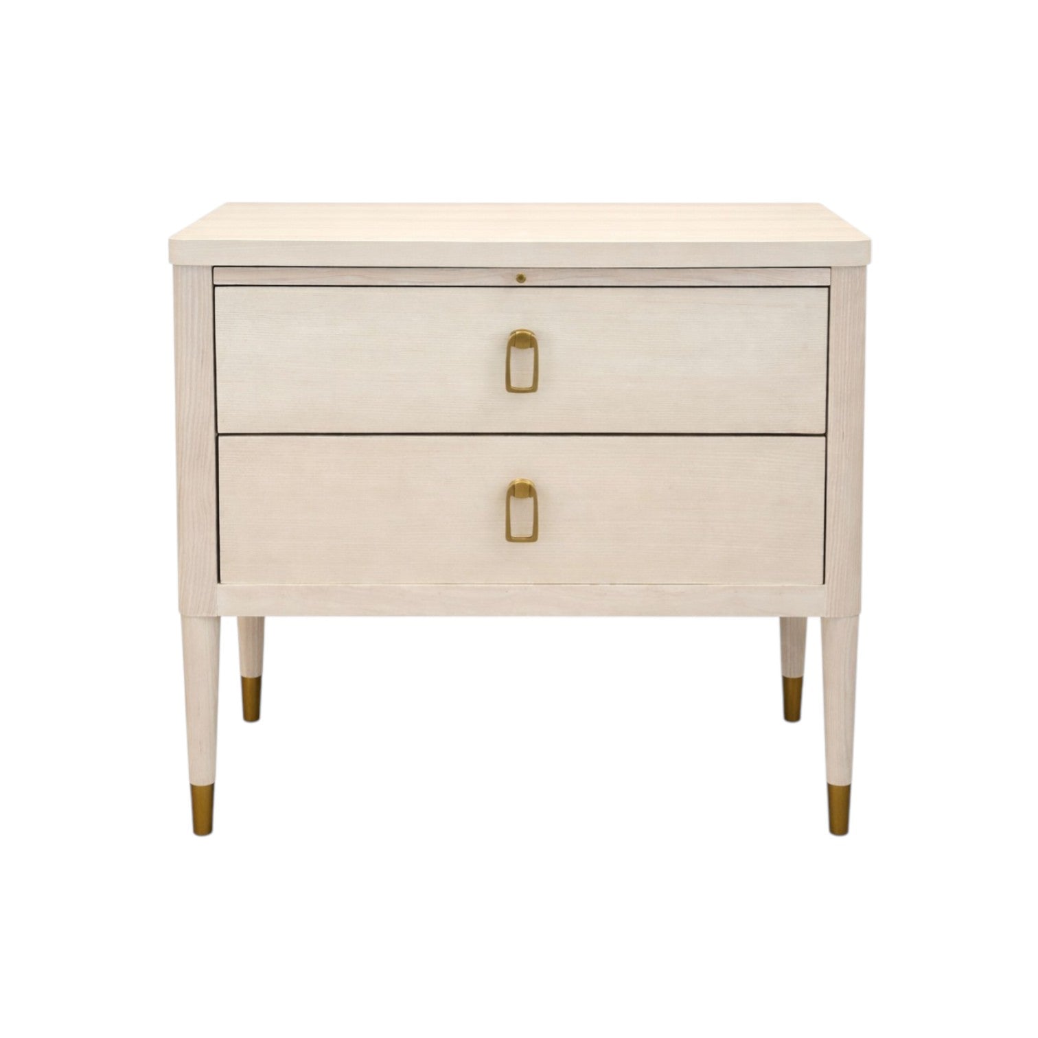 The Hickory Chair Sydney Nightstand showcases a light American Ash finish, two drawers with gold rectangular handles, and tapered legs with gold tips in a refined Mid-Century style, displayed against a white background.
