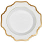 Anna’s Palette Antique White with Gold Dinnerware Collection by Anna Weatherley features a white porcelain plate with a scalloped edge, adorned with a gold rim and border trim. Reminiscent of classic hand-painted dinnerware from Budapest, this plate is shown empty against a plain background.
