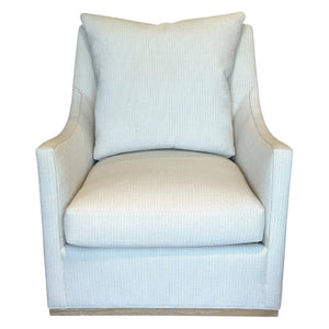Front view of the Jules Configurable Swivel Chair by Hickory Chair, featuring light gray upholstery, straight arms, a large back cushion, and a swivel base—perfect for adding cozy seating to any room.