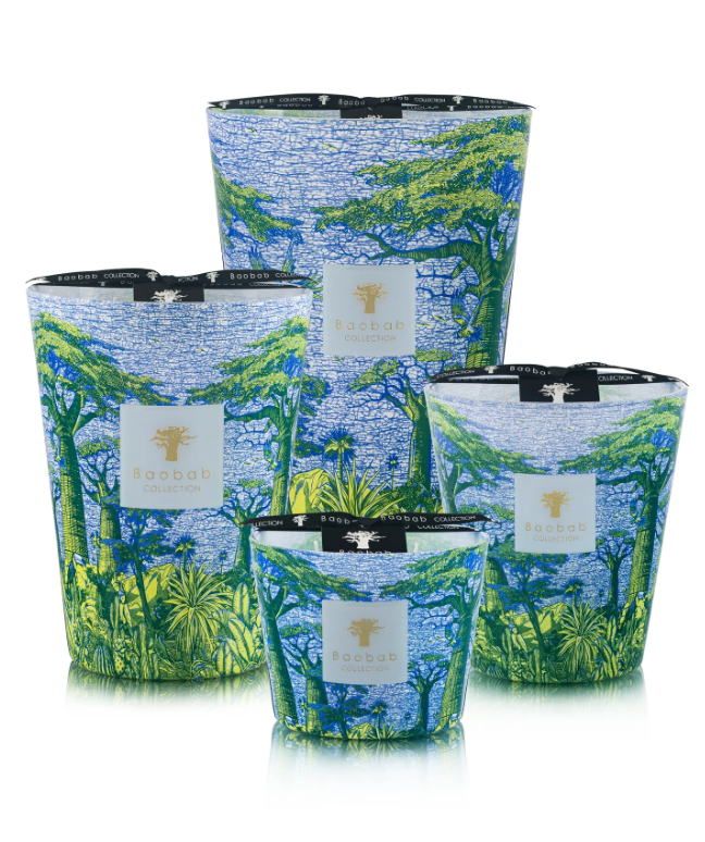 Four Baobab Collection Sacred Trees Summer Yarani candles of different sizes are adorned with vibrant green jungle designs and a "Baobab" label, evoking the mystical baobab forest.