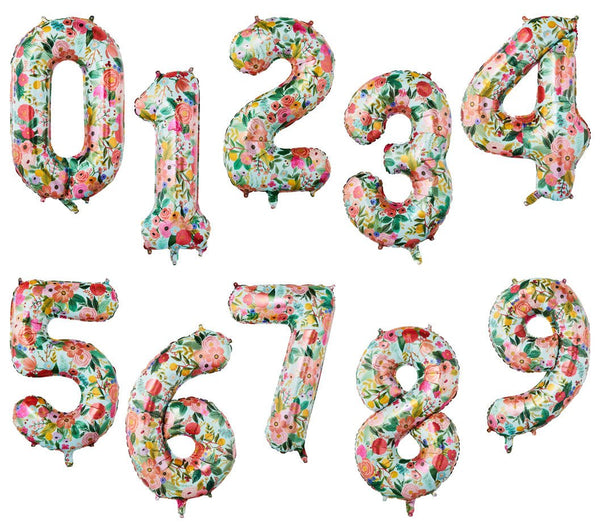 Rifle Paper Co. Garden Party Number Balloons by Riffle Paper Co. feature vibrant floral patterns against a white background, perfect for any celebration. These foil balloons are shaped as numbers 0 to 9.