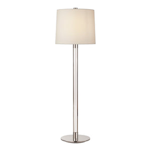 The Visual Comfort Riga Buffet Lamp features a cylindrical crystal and polished nickel base, a white linen drum shade, an E26 dimmer socket, and stands on a round metal platform.