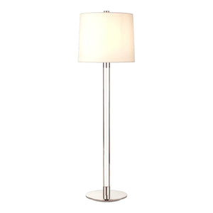 The Visual Comfort Riga Buffet Lamp features a crystal and polished nickel slim metal stand, a white linen shade, and a round base, displayed against a plain white background.