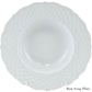 White rim soup plate from the Anna Weatherley Empire White Dinnerware Collection, crafted in fine porcelain with a textured lattice-patterned border, shown from above against a plain background. Made in Portugal.