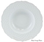 White rim soup plate from the Anna Weatherley Empire White Dinnerware Collection, crafted in fine porcelain with a textured lattice-patterned border, shown from above against a plain background. Made in Portugal.