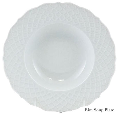 White rim soup plate from the Anna Weatherley Empire White Dinnerware Collection, crafted in fine porcelain with a textured lattice-patterned border, shown from above against a plain background. Made in Portugal.