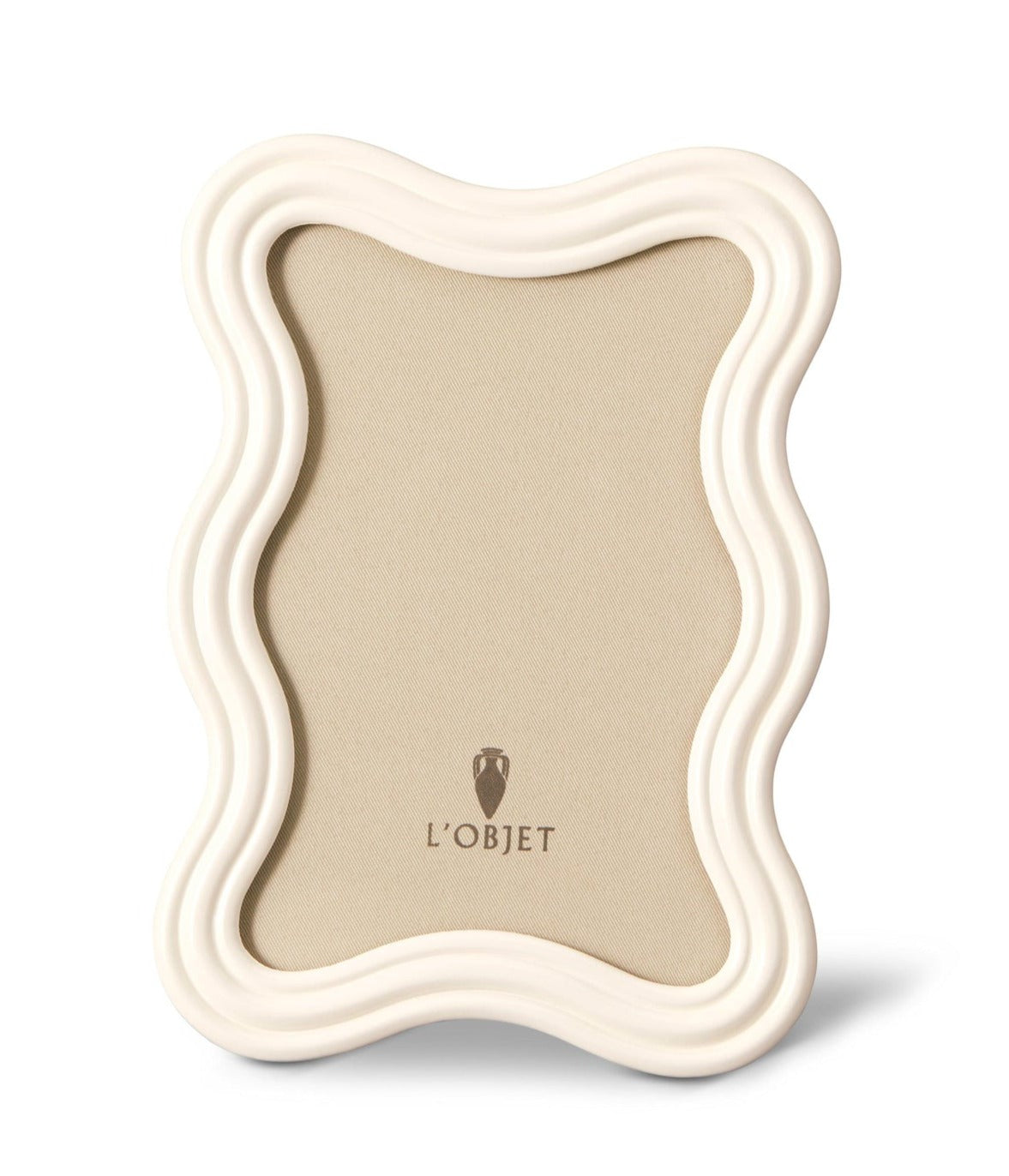 Part of the L'Objet White Ripple Enamel Frame Collection, this cream-colored picture frame features a wavy edge, an off-white enamel finish, a beige inner background, and the L'Objet logo at the bottom center.