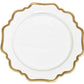 Anna’s Palette Antique White with Gold Dinnerware Collection by Anna Weatherley, featuring a white plate with a scalloped edge and gold trim, photographed from above against a white background.