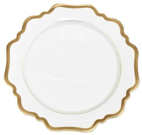 Anna’s Palette Antique White with Gold Dinnerware Collection by Anna Weatherley, featuring a white plate with a scalloped edge and gold trim, photographed from above against a white background.