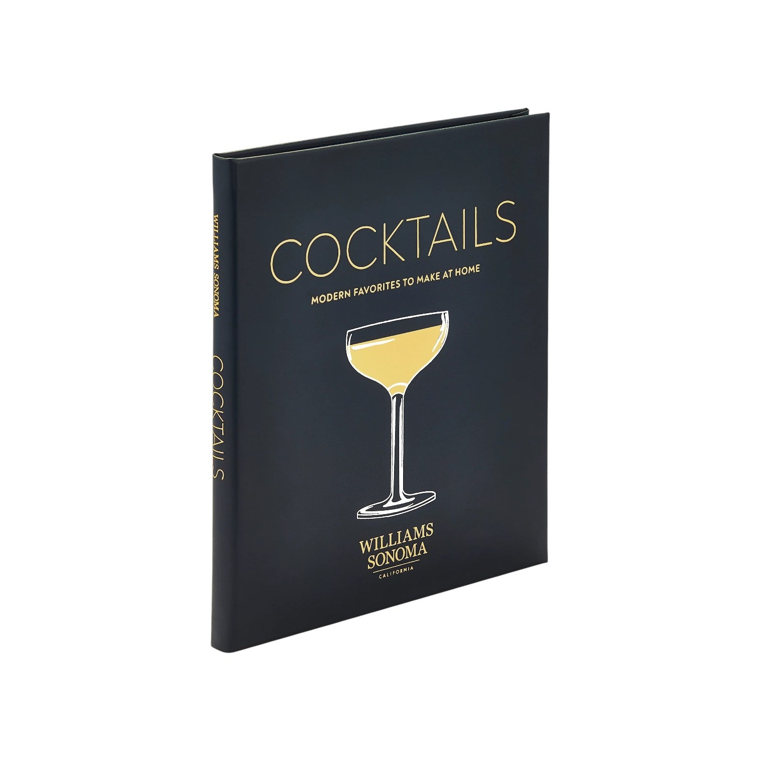 A hardcover book, "Williams Sonoma: Cocktails" by Graphic Image, features a gold cocktail glass on a black cover—ideal for home bar enthusiasts looking for modern cocktail recipes.