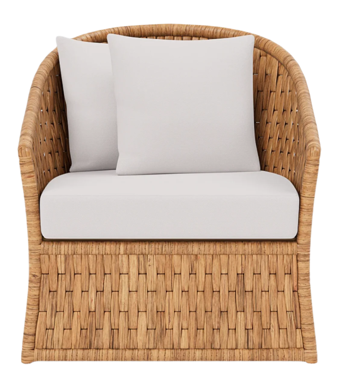 The Indra Lounge Chair by Made Goods features a woven water hyacinth design, complemented by a white seat cushion and two white back pillows for a comfortable, organic look.