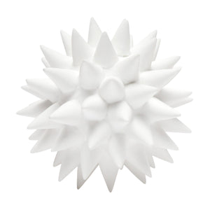 The Made Goods Irma White Porcelain Puffer Ball, Small, features evenly spaced spikes and a porcelain-like finish, shown against a plain white background.