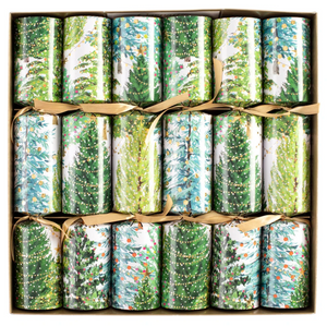 A box of twelve Caspari Christmas Trees with Lights Crackers, featuring festive tree designs, luxury embellishments, gold ribbons, and arranged in three rows.