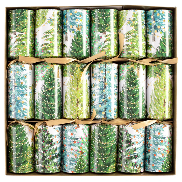 A box of twelve Caspari Christmas Trees with Lights Crackers, adorned with green and white tree motifs from Caspari paper designs and elegantly tied with gold ribbons.