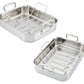 Two Hestan Provisions Classic Clad Roaster with Rack pans are displayed from different angles on a white background, highlighting their tri-ply construction and convenient handles.