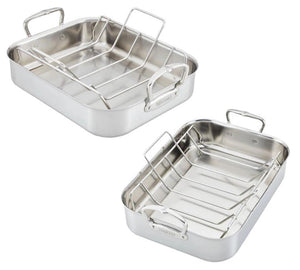 Two Hestan Provisions Classic Clad Roaster with Rack pans are displayed from different angles on a white background, highlighting their tri-ply construction and convenient handles.