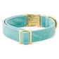 The Foggy Dog Velvet Dog Collar Collection features a light blue velvet collar with gold-toned buckle, D-ring, and slider, shown on a white background—an elegant luxury accessory for your pup’s special moments.