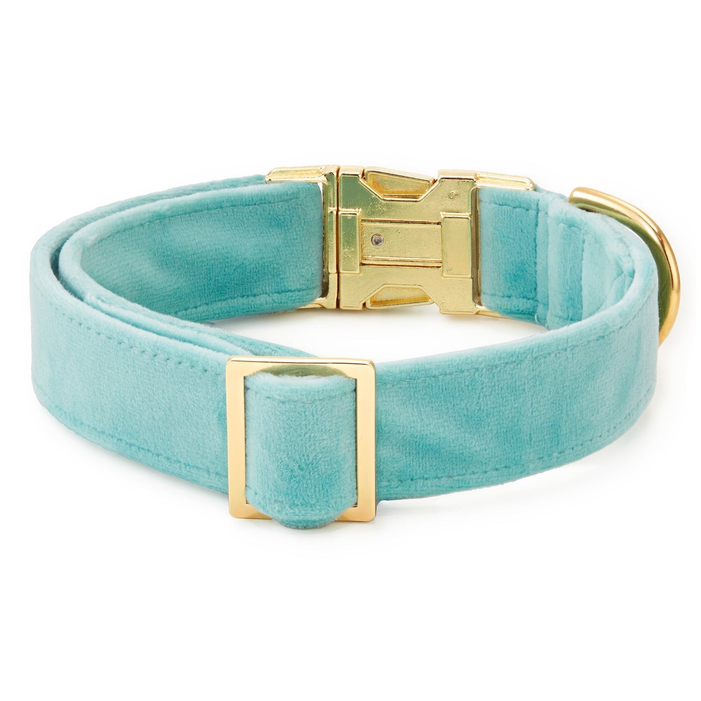 The Foggy Dog Velvet Dog Collar Collection features a light blue velvet collar with gold-toned buckle, D-ring, and slider, shown on a white background—an elegant luxury accessory for your pup’s special moments.