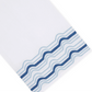 Mod Bath Collection premium white linen towel featuring a border of light and dark blue wavy lines.