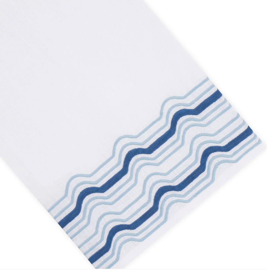Mod Bath Collection premium white linen towel featuring a border of light and dark blue wavy lines.
