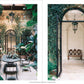 Two views of a refined London courtyard: in one, a dining table encircled by lush greenery; in the other, a bench paired with ornate chairs—both framed by expansive arched glass doors and classic brick walls. The sophisticated ambiance evokes Rose Uniacke’s signature style, making it an ideal setting to enjoy “Rose Uniacke At Home” from Rizzoli.