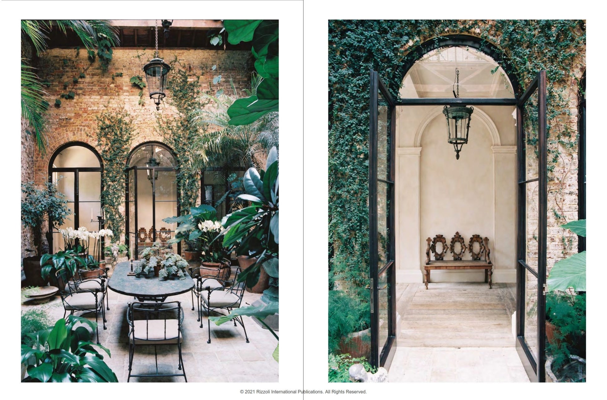 Two views of a refined London courtyard: in one, a dining table encircled by lush greenery; in the other, a bench paired with ornate chairs—both framed by expansive arched glass doors and classic brick walls. The sophisticated ambiance evokes Rose Uniacke’s signature style, making it an ideal setting to enjoy “Rose Uniacke At Home” from Rizzoli.