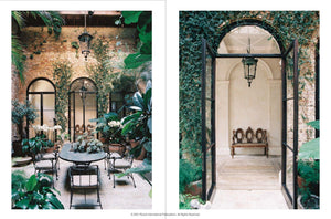 Two views of a refined London courtyard: in one, a dining table encircled by lush greenery; in the other, a bench paired with ornate chairs—both framed by expansive arched glass doors and classic brick walls. The sophisticated ambiance evokes Rose Uniacke’s signature style, making it an ideal setting to enjoy “Rose Uniacke At Home” from Rizzoli.