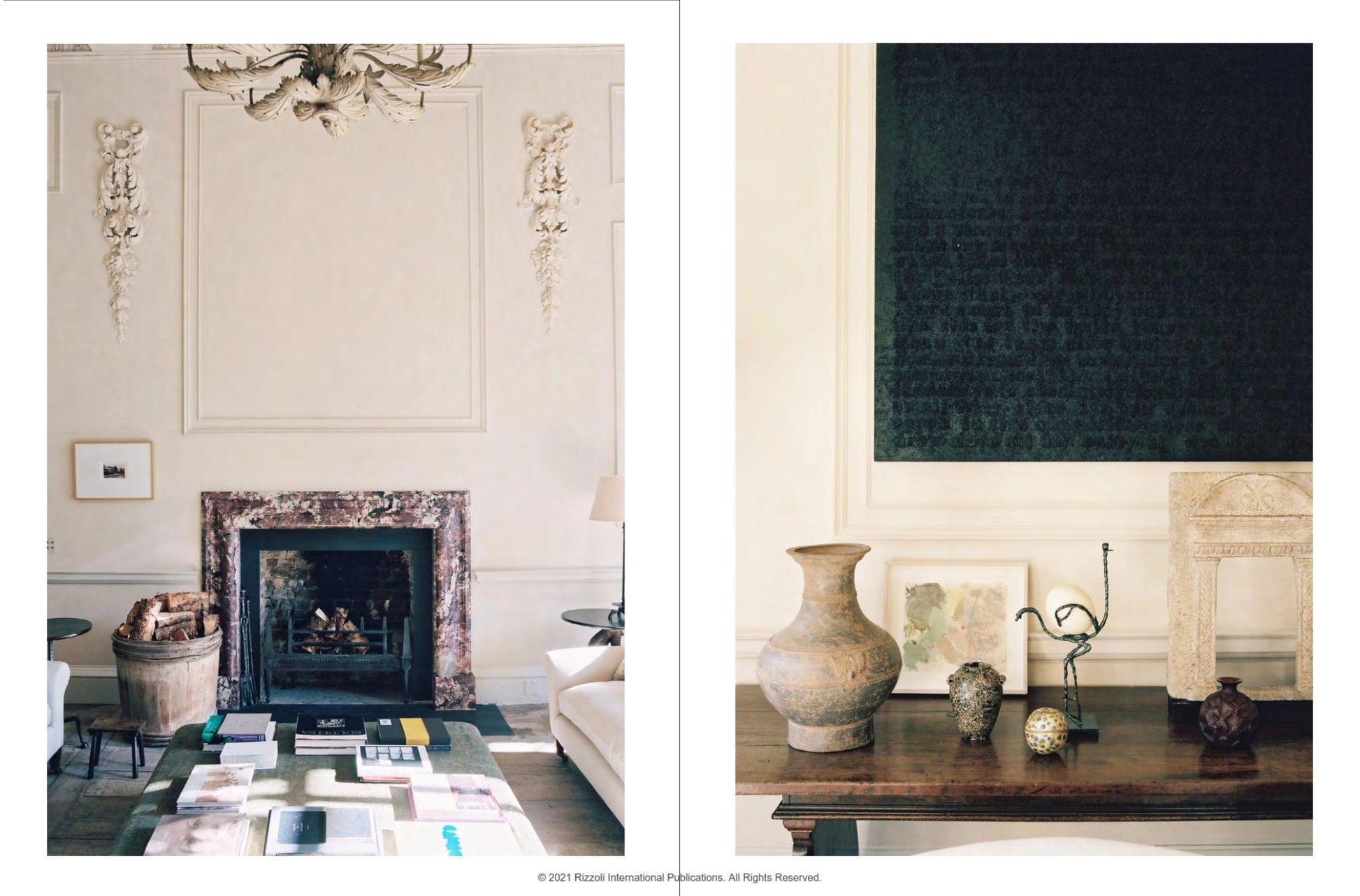 Two elegant living room scenes: the left features a fireplace with ornate decor, echoing the refined aesthetic found in a Rose Uniacke London home; the right showcases a console table adorned with pottery, art, and a textured black wall hanging—perfectly complemented by Rose Uniacke At Home from Rizzoli.