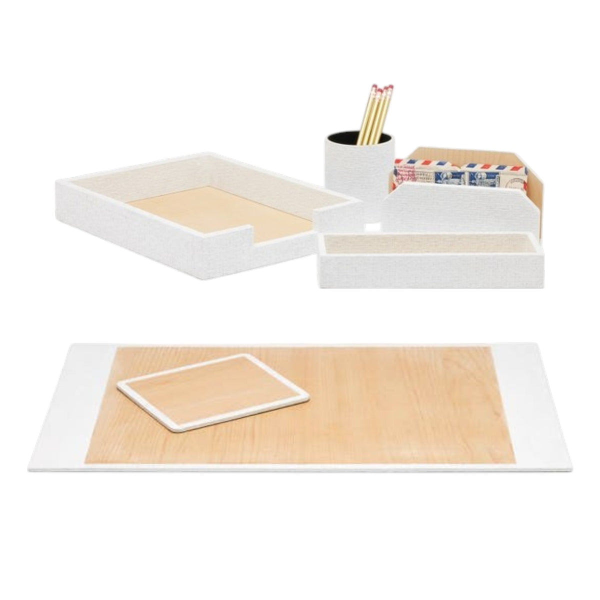 The Rosewell Collection from Pigeon & Poodle boasts a sophisticated faux rattan desk style in a crisp white and beige finish. This chic set includes a tray, pencil cup with pencils, letter holder with cards, small rectangular tray, and a coordinating desk pad with matching coaster—perfect for elevating any workspace with refined elegance.