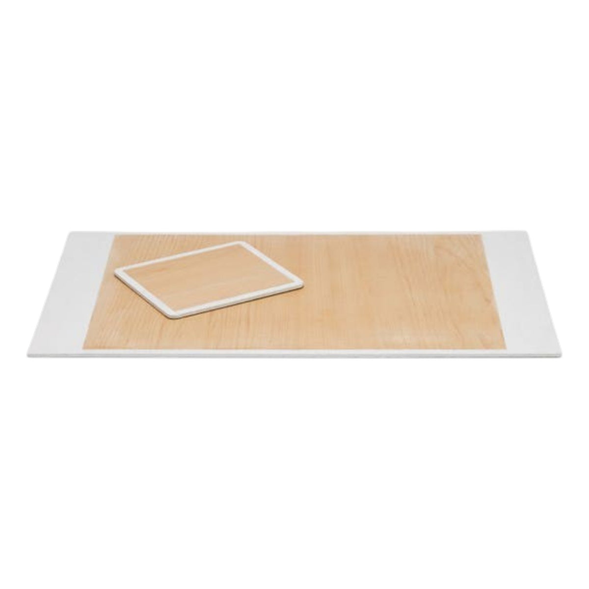 A rectangular wooden board with white edges and a smaller square wooden board resting atop, both set against a white background, evoke the sophisticated white finish characteristic of the Rosewell Collection by Pigeon & Poodle.