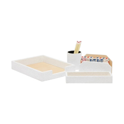 A sleek white desk organizer set from the Rosewell Collection by Pigeon & Poodle, featuring a tray, a pen holder with pencils, a mail sorter with envelopes, and a shallow tray, all displayed on a white background.