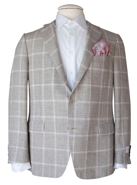 Samuelsohn Bristol Contemporary Fit Blazer with a white shirt and a floral pocket square displayed on a mannequin, exemplifying superior craftsmanship for discerning consumers.