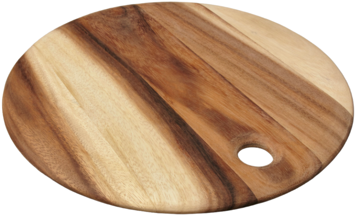 The Be Home Acacia Wood Round Board Collection features handcrafted boards made from sustainably sourced acacia, showcasing natural grain patterns and a small hole near the edge.